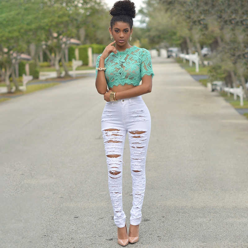 Fall Skinny Jean Denim Pants Holes Destroyed Knee Pencil Casual Trousers Black White Stretch Ripped 210809