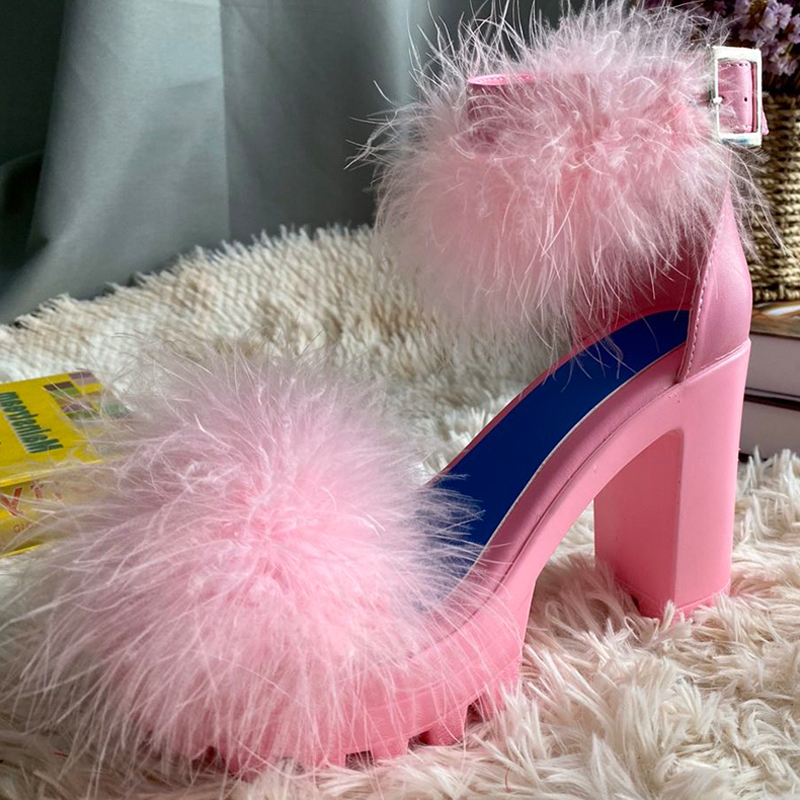 Woman Furry High Heels Pumps Buckle Platform Heels Sandals With Fur Women Square Heel Ankle Strap Open Rubber Party 2020 J2023