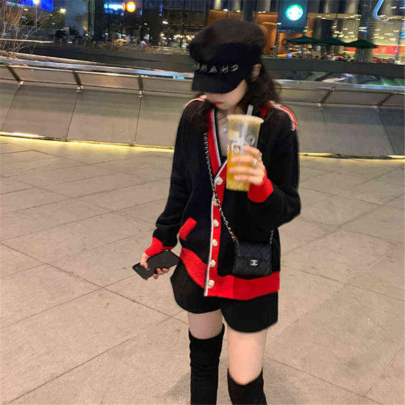 Contrasting Color Knitted Cardigan Women Loose Lazy Casual Red Sweater Coat V-neck Striped Autumn Winter Pockets Female 211117