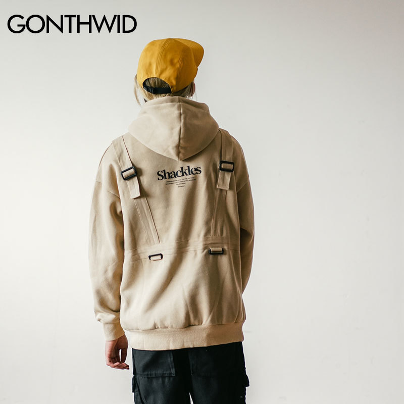 GONTHWID Blind Love Print Buckle Ribbons Fleece Hooded Sweatshirts Pullover Hoodies Streetwear Hip Hop Hipster Casual Tops Mens 201103