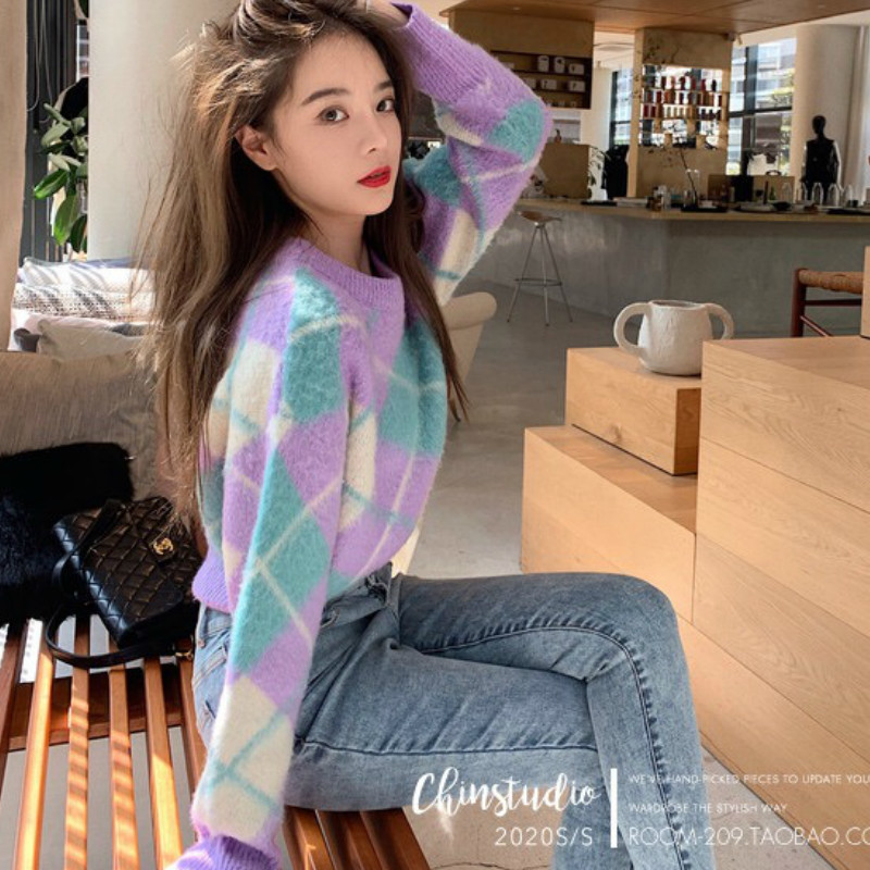 Women Cropped Sweater Vintage Argyle Pattern Pullover Knitted Top Sweet Print O-neck Long Sleeve 90s Autumn Winter Sweater Woman 210218