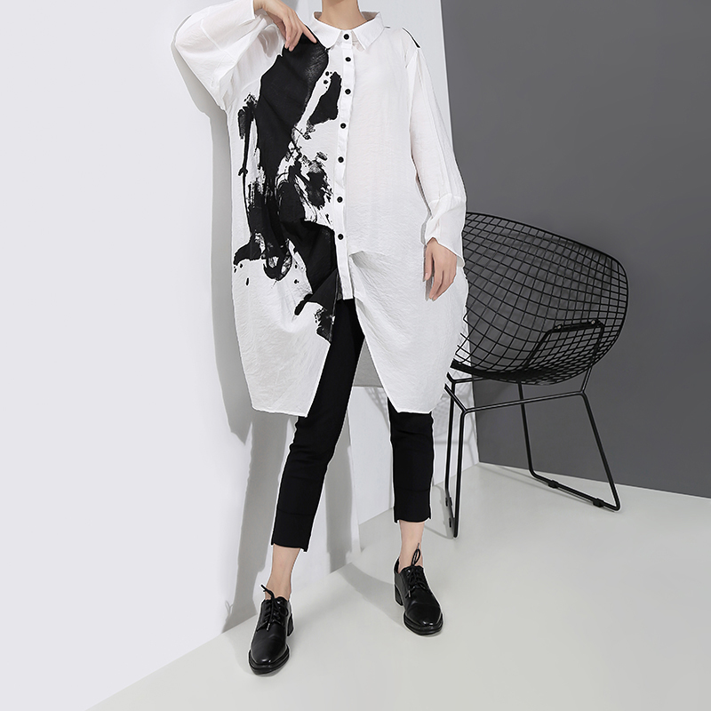 Korean Style Woman Long Sleeve White Print Shirt Dress Painting Plus Size Straight Lady Casual Midi Dress Loose Robe Femme 5459 210309