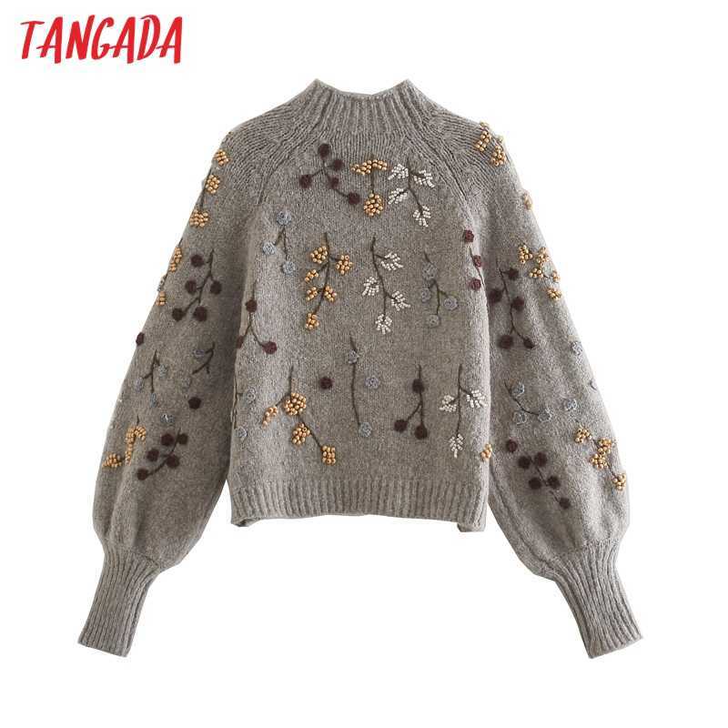 Tangada Women Beading Flowers Turtleneck Sweater Jumper Female Elegant Oversize Pullovers Chic Tops 3L68 210918