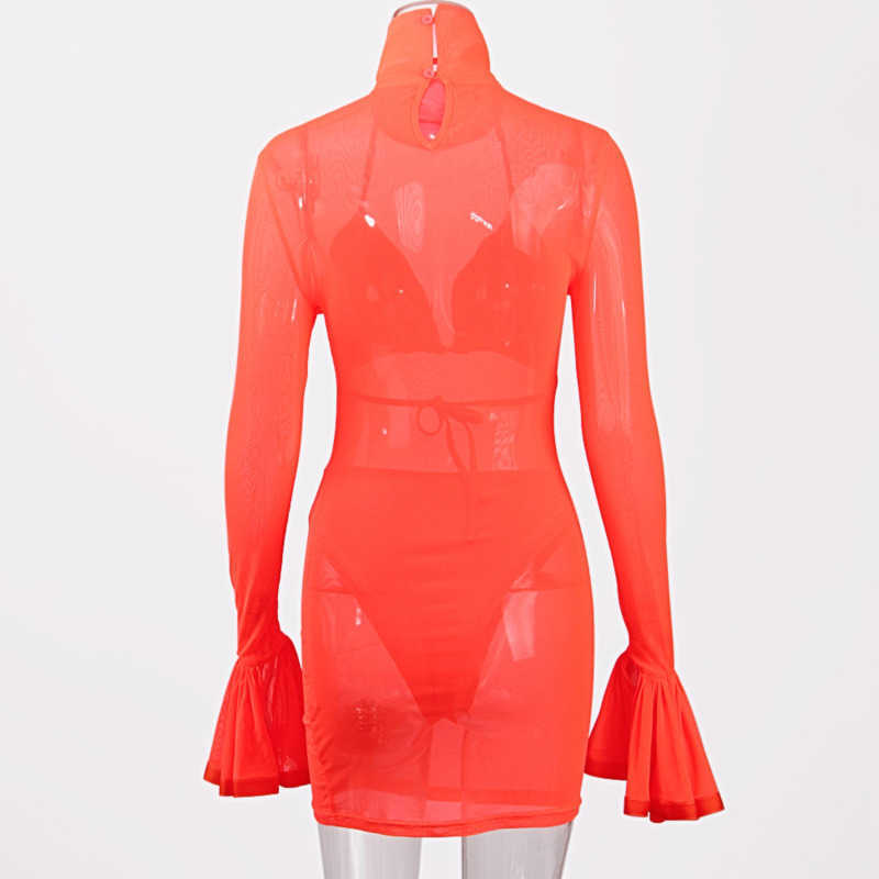 DEAT Women Net Yarn Perspective Dress Turtleneck Ruffles Long Sleeve Arrivals Lady Sexy Fashion Spring Summer 11D1111 210709