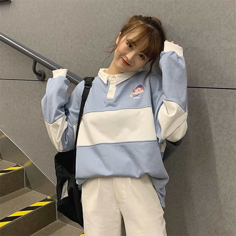 Autumn Winter Women's Sweatshirts Polo Korean Casual Cartoon Print Preppy Style Patchwork Loose Oversized Women Sweatshirt 201209
