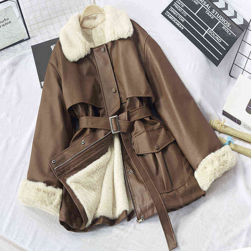 eather clothes winter Korean Pu fur fur collar lace up Plush jacket fashion motorcycle clothe's coat 211109