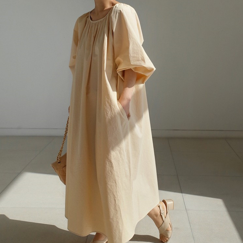 Summer Dress Puff Sleeve Round Neck High Waist Women Large Size Dresses With Pockets Temperament Loose 2H201 210526