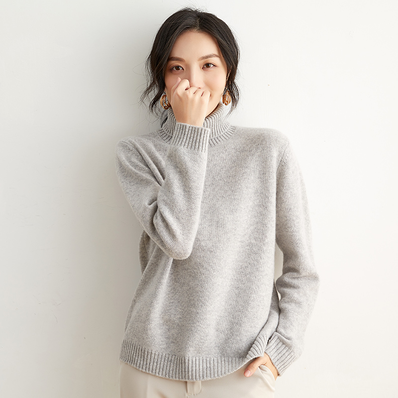 Sweater women's new high lapel pullover pure color loose wild knitting Wool base warm cashmere turtleneck sweater large size 210218