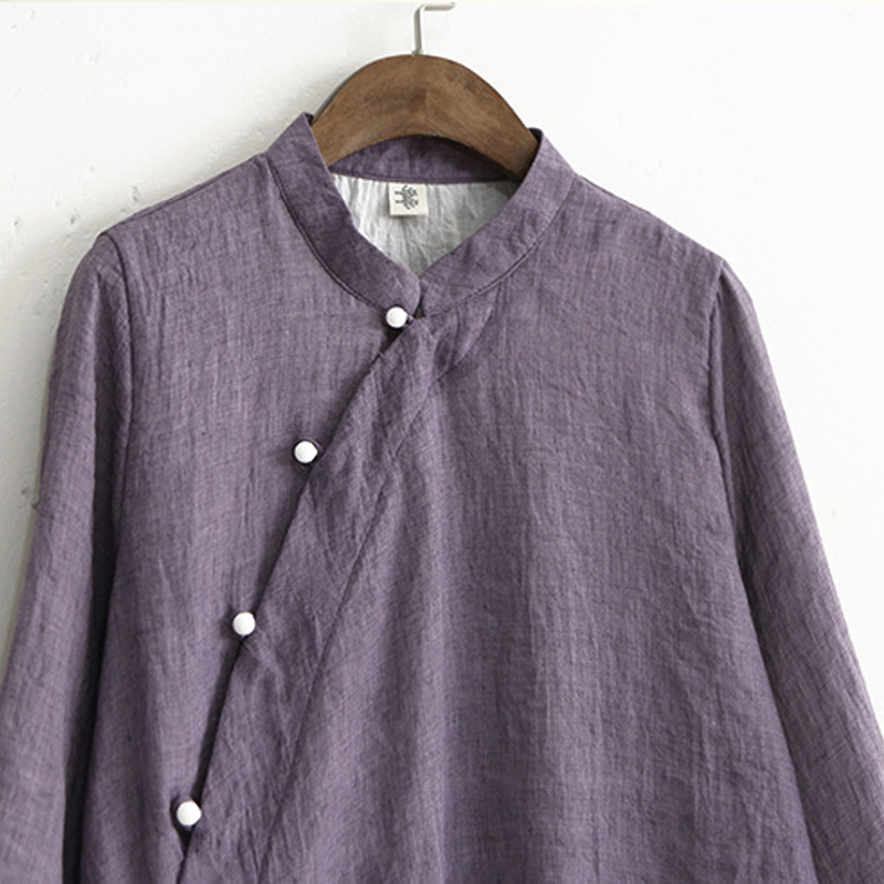 Johnature Women Chinese Style Shirts Stand Collar Casual Blouses Spring Loose Vintage Tops Brief Irregular Shirt 210308