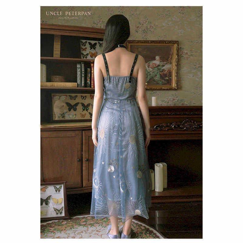 Haze blue Net yarn Dress embroidery temperament thin cool cute long suspender dress summer fairy Thin skirt 210526