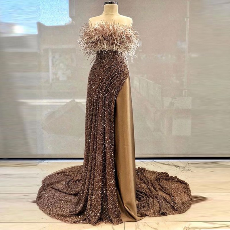 Luxury Glitter Prom Dresses Feather Bling Sequin Mermaid Sexy Side Split Evening Dresses Dubai Arabic Ruffles Custom Made Pageant Gown