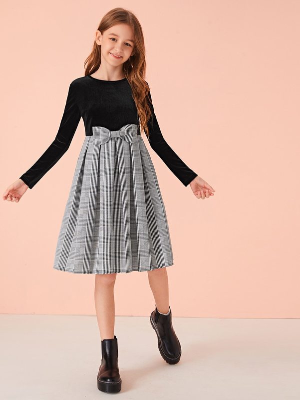 Girls Velvet Bodice Bow Detail Plaid Combo Dress SHE