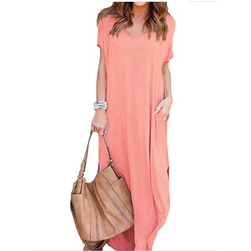 Women Summer Maxi Dresses Casual Loose Pockets Long Dress Short Sleeve Split Plus Size S-5XL