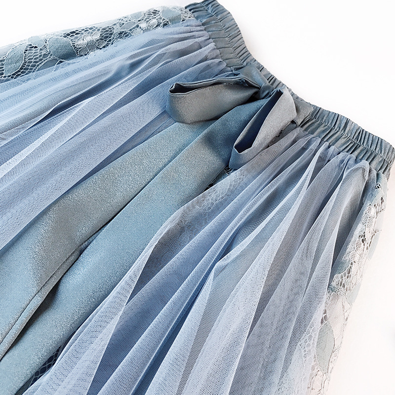 Fashion Tutu Tulle Skirt Women Long Maxi Skirt Korean Cute Bow High Waist Pleated Skirt Female School Sun Spodnica 210306