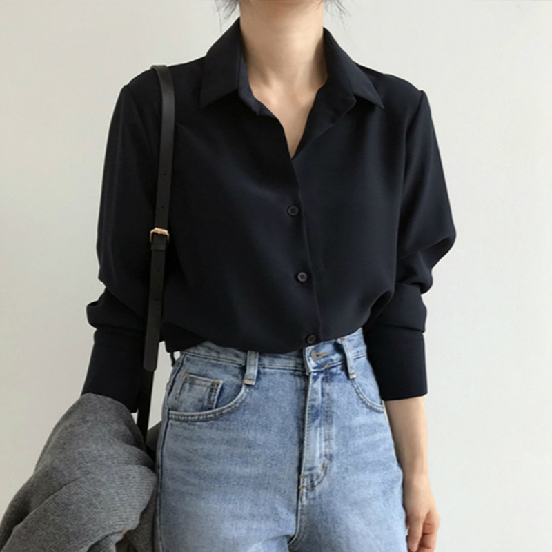2021 Spring Women Solid Long Sleeve Chiffon Blouse Office Lady Elegance Oversize Black HB Shirts Korean Style White Tops T08905F 210225