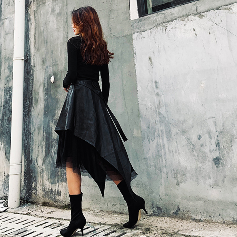 LANMREM Spring Autumn PU Leather Skirt In The Long Section Of High Waist Aline Long Irregular Mesh Skirt 19Ba444 210306