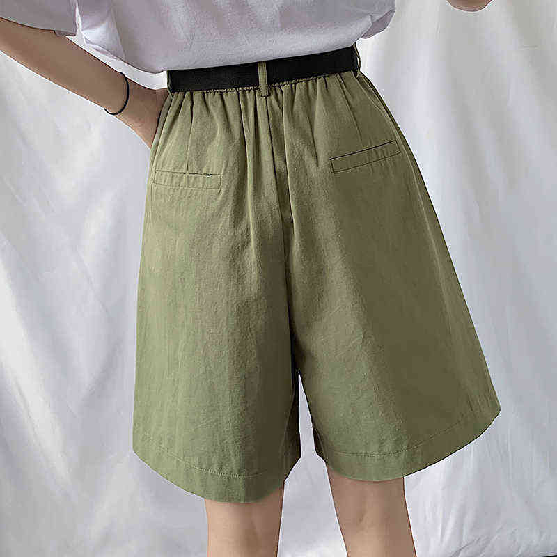 Seoulish Summer Women Casual Cargo Half Pants with Belted High Waist Chic Wide Leg Pant Elegant Loose Trousers Pocket 211115