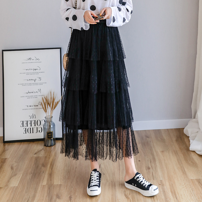 Fitaylor Spring Sweet Cake Layered Long Mesh Skirts Princess High Waist Ruffled Vintage Tiered Tulle Pleated ins Skirts 210306