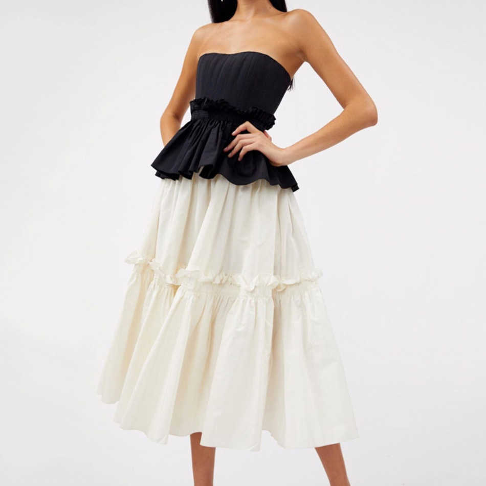 Chic Women's Patchwork Ruffled Pleated Temperament Dress Strapless Sleeveless Loose Fit Fashion Summer 210527