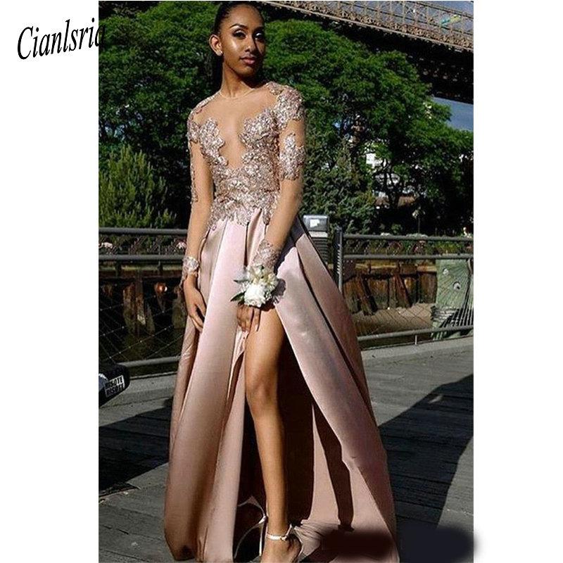Party Dresses 2K19 Prom Queen Split Satin Evening Sheer Long Sleeve Appliques Lace A Line Vestidos Formal Gowns, Black
Party Dresses 2K19 Prom Queen Split Satin Evening Sheer Long Sleeve Appliques Lace A Line Vestidos Formal Gowns, Black
