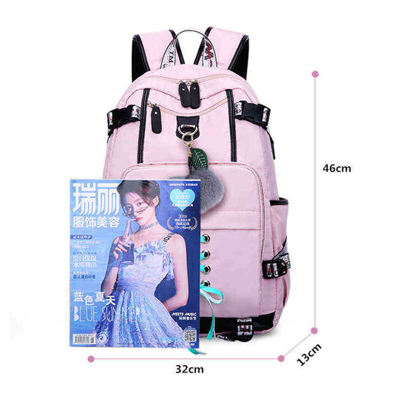 OKKID high school bags for teenage girls large school backpack female travel laptop backpack 15.6 usb charge bag plush ball gift 220209