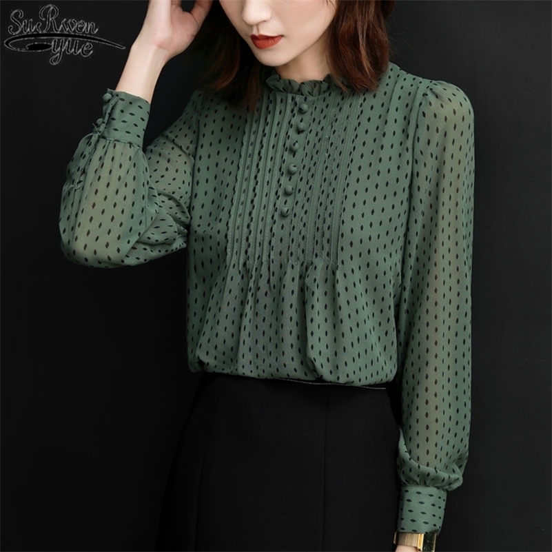 Women Spring Autumn Style Plus Size 4XL Chiffon Blouse Long Sleeve Office Blouse Polka Dot Printed Loose Shirt Feminine 11859 210225