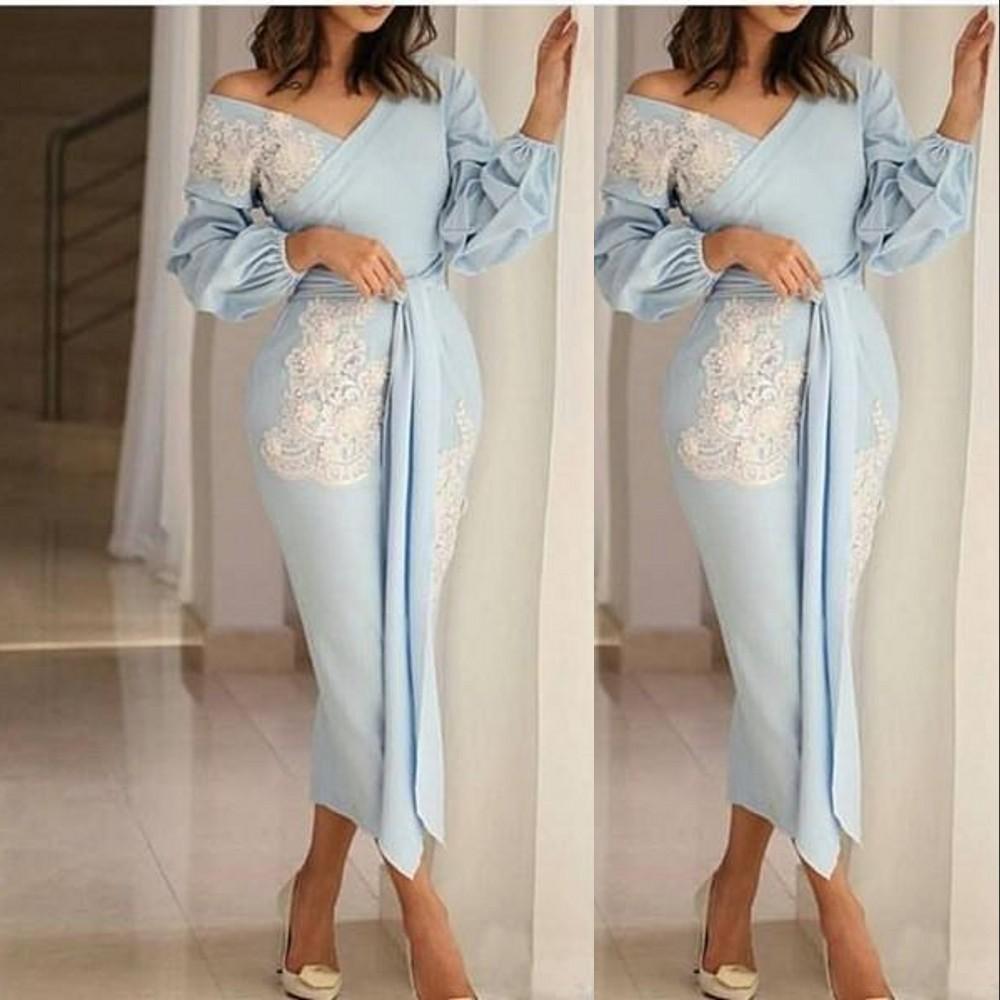 2021 Elegant V-Neck Short Mother Of The Bride Dresses Tea Length Sheath Long Sleeve Wedding Guest Dress Formal Evening Gowns Cocktail Party