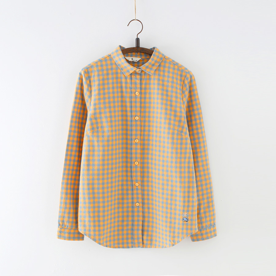 FEKEHA Cotton Long Sleeve Blouse Women With Embroidery Plaid Shirts For Women Autumn Blue Yellow Lady Tops Work Blouses Office 210225