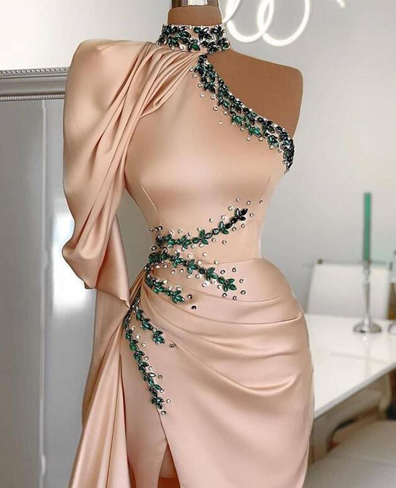 Pink Evening Blush Satin Dresses 2021 High Neck One Shoulder Side Split Sexy Dubai Arabic Prom Party Gowns Hunter Green Beaded Ruched Robes