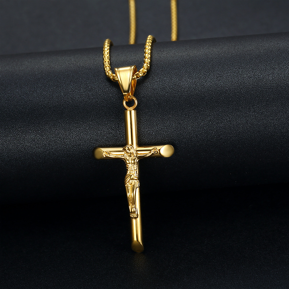 Hip Hop Stainless Steel Jesus Cross Pendant Necklace High Polished 18K Gold Plated Religious Jewelry