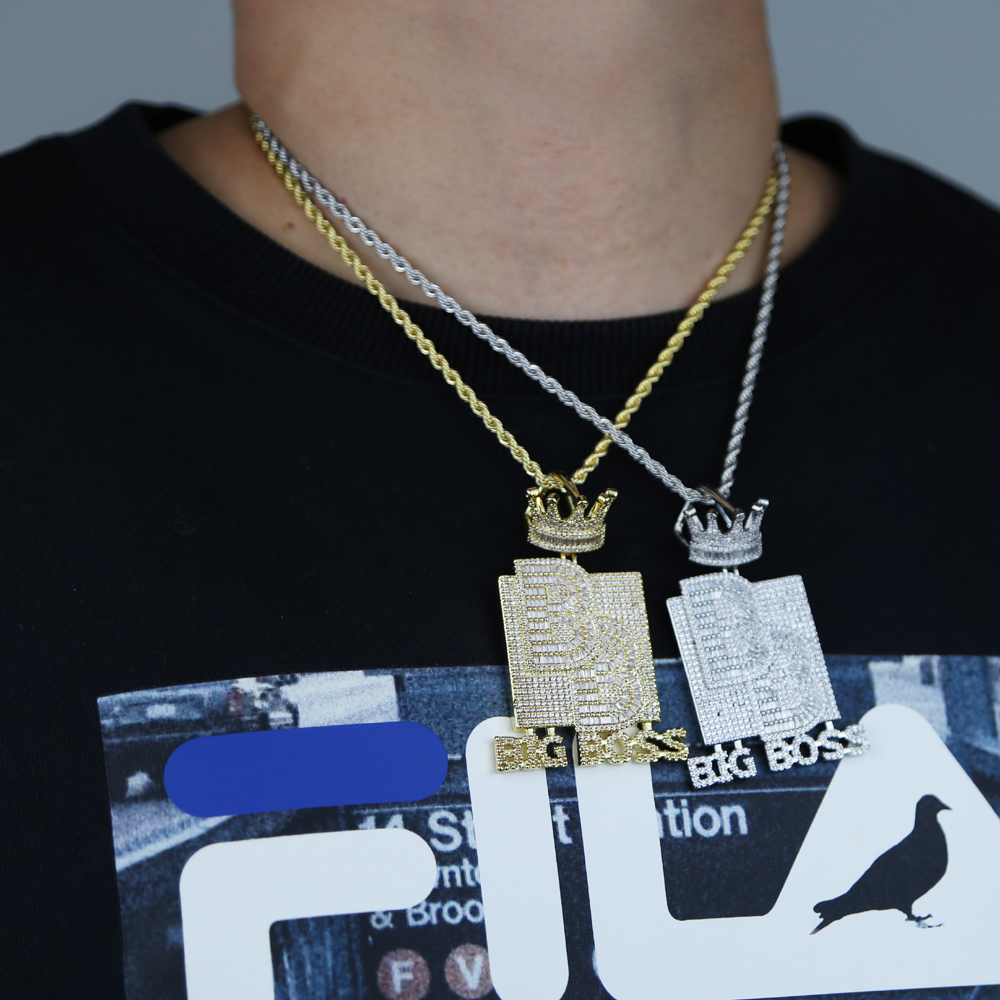Big Boss Letters Crown Shaped Initial Necklace Pendant with Rope Chain Iced Out Bling 5A Cubic Zircon Hip Hop Men Boy Jewelry