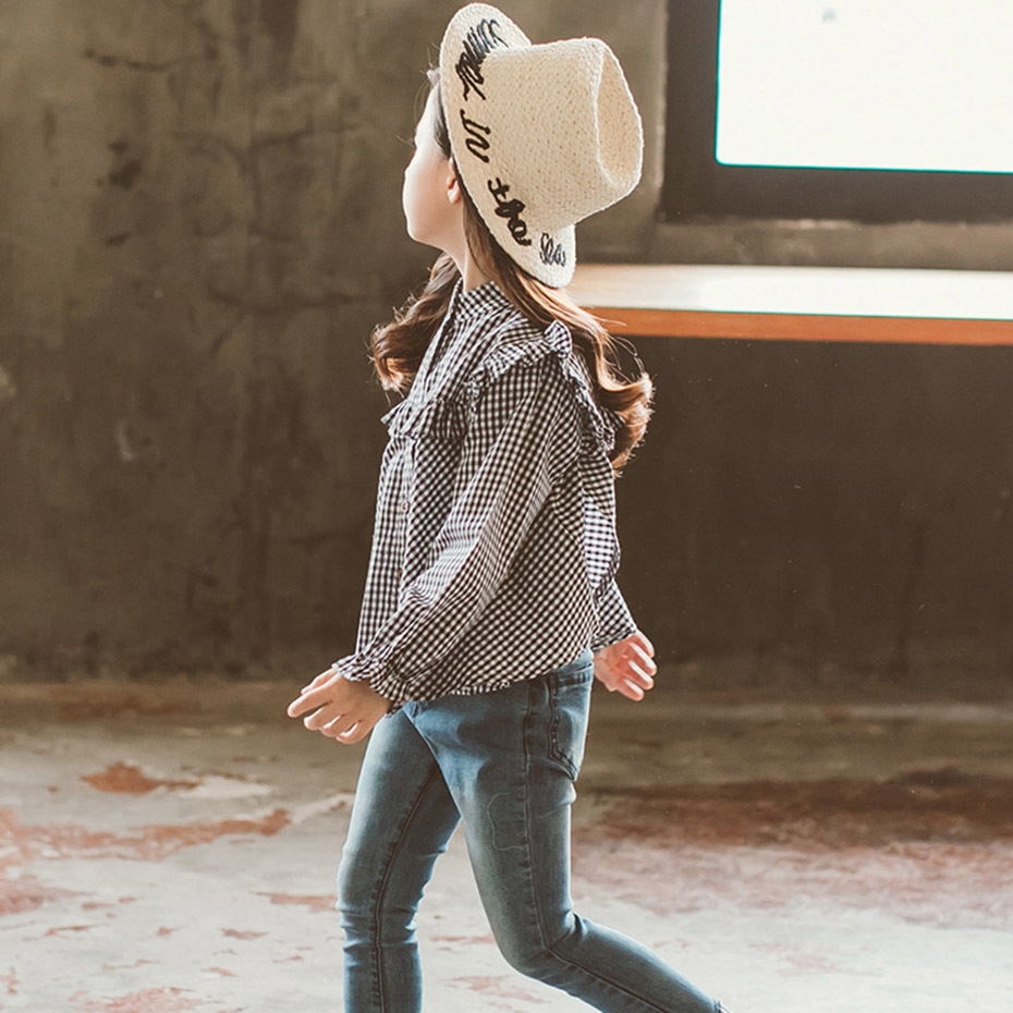 Girls Blouse Plaid Pattern Blouse Girl In School Ruffle Blouse Long Sleeve Spring Autumn Children Shirt 210306