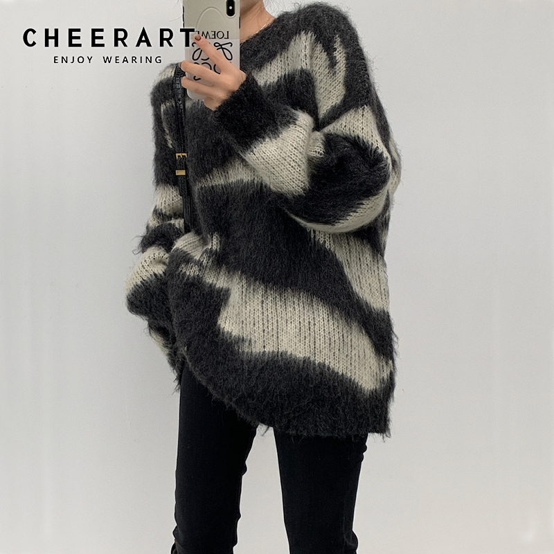 CHEERART Mohair Striped Oversized Sweater Pullover Women Winter Long Loose Knitted Sweater Korean Fashion Clothing 210218