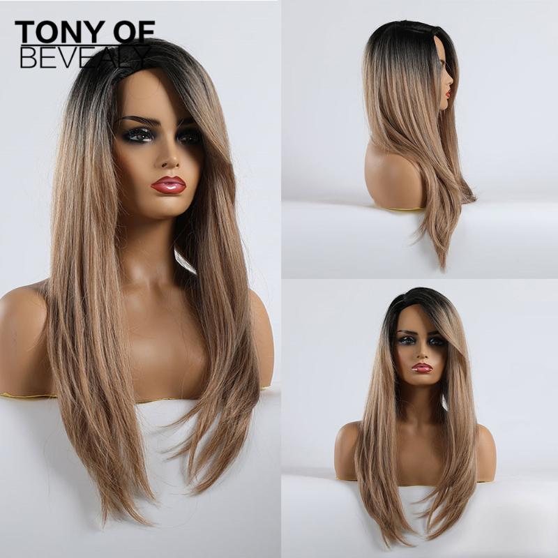 Synthetic Wigs Long Black To Blonde Ombre For Women Afro Cosplay With Bangs Wavy Layered Heat Resistant Fiber