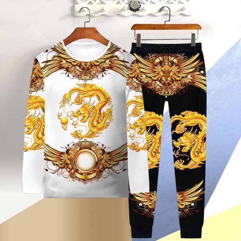 autumn and winter long-sleeved T-shirt men 3D tiger casual T-shirt trousers 2 piece clothes Chinese style dragon suit 201210