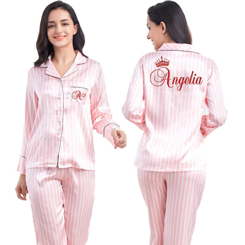 2 Piece Personalized Name Women Sleepwear Faux Silk Satin Pajamas Set Long Sleeve Sleepwear Pajamas Suit Female Homewear 210924