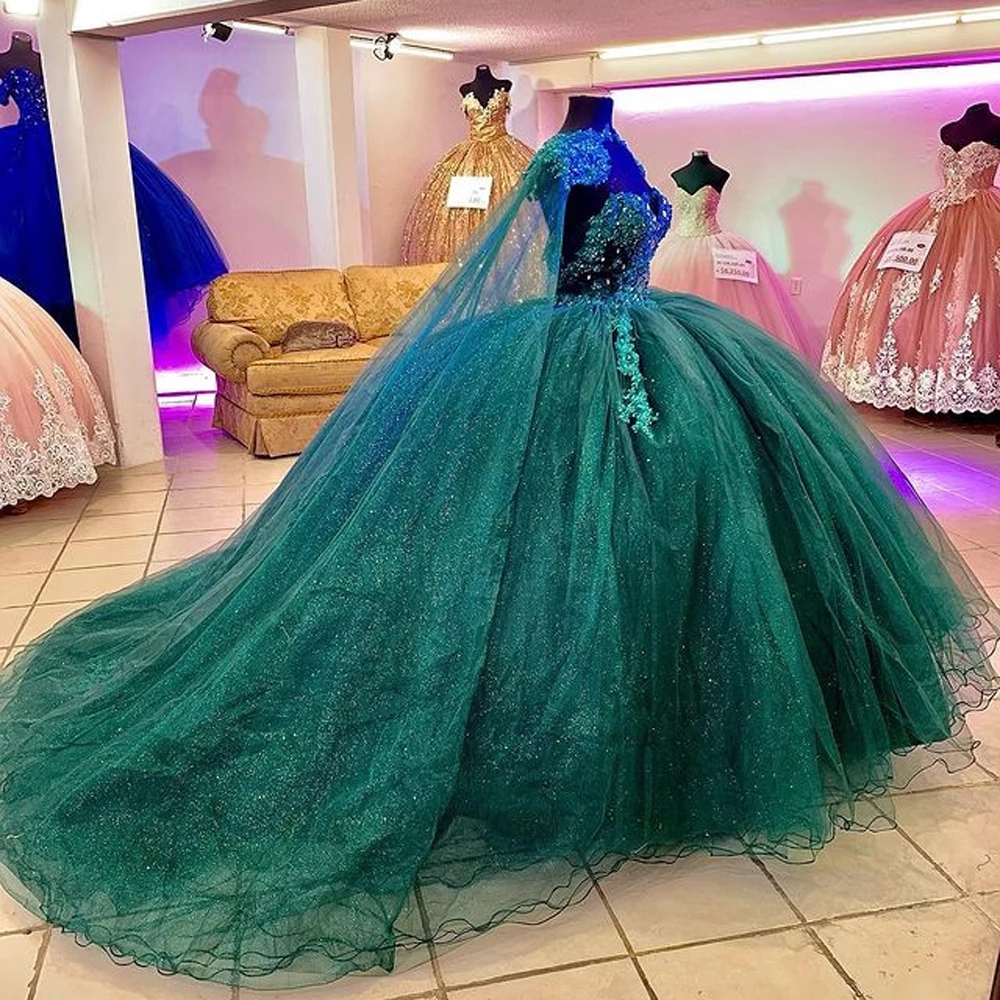 Ball Green Hunter Gown Quinceanera Dresses Beads Lace Appliques Off Shoulder Formal Prom Gowns Sweet Dress Vestido De Anos s