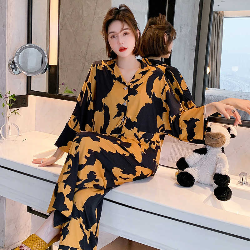 pyjamas loungewear Sleepwear silk Women's home clothes two piece sets nighty for ladies Long Sleeve Sleeping Shirt 210924