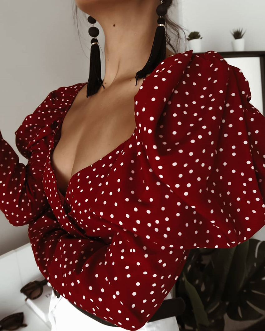 V-Neck Vintage Red Polka Dot Blouse Print Shirt Office Lady Wrap Top Elegant Blouse Women Puff Long Sleeve Sexy Crop Top Lace-Up 210225