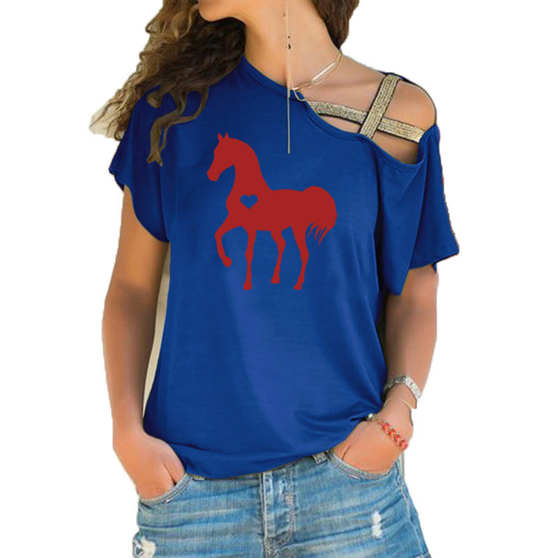 Heart horse shirt horse tshirt gift for horse lover equestrian gifts clothing birthday party Irregular Skew Cross Bandage Tees 210306