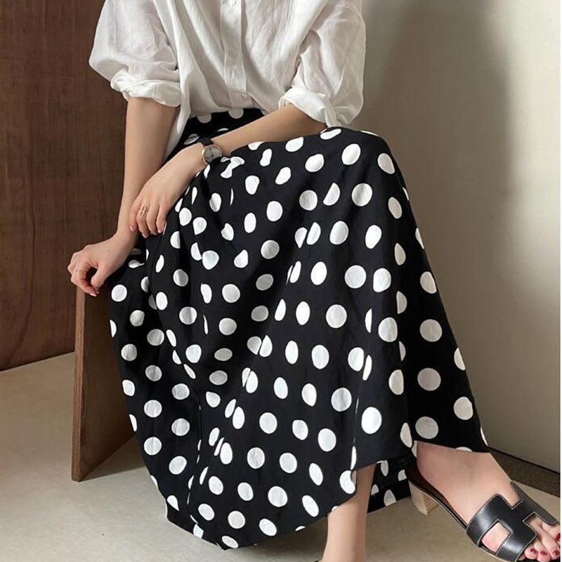 Casual Polka Dot Skirt High Waist Loose Thin French A-line Large Pleated Fashion Summer Women's 2P1666 210526