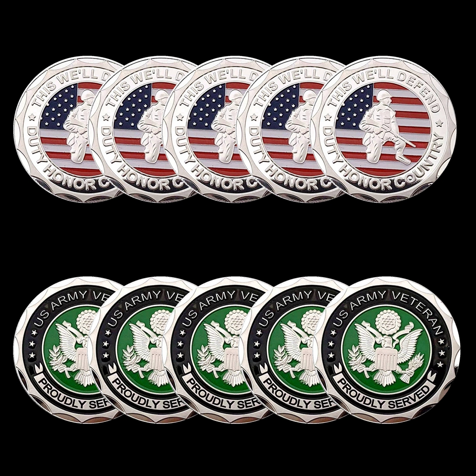 5PCS Non Magnetic US Flag Army Craft Veteran Proud Served This We'll Defend Duty Honor Country Day Silver Plated Challenge Coin Gifts