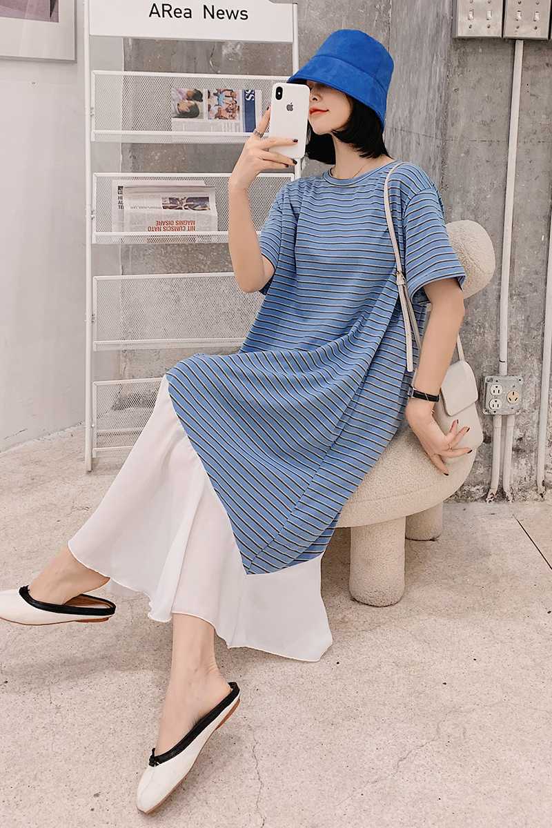 Spring and Summer Korean Striped Stitching Chiffon Short-sleeved Dress Irregular Casual Loose Comfortable Home Female 210615Z