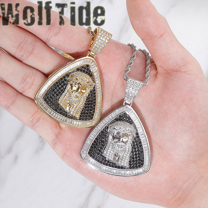 Personalized Triangle Bling Cubic Zirconia Jesus Pendant Necklace Chain HIP HOP Rock Collar Hip Hop Rapper Jewelry Christian Charm Gifts for Men and W