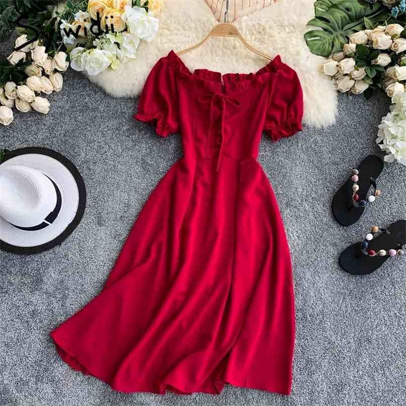 Vintage Dresses Women Puff Sleeve Ruffles Slash Neck Lace Up Summer Korean Fashion Dress Pink Green Red Blue 210607, Yellow
Vintage Dresses Women Puff Sleeve Ruffles Slash Neck Lace Up Summer Korean Fashion Dress Pink Green Red Blue 210607, Yellow