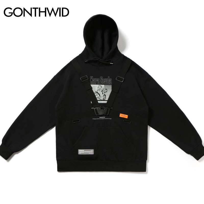GONTHWID Blind Love Print Buckle Ribbons Fleece Hooded Sweatshirts Pullover Hoodies Streetwear Hip Hop Hipster Casual Tops Mens 201103