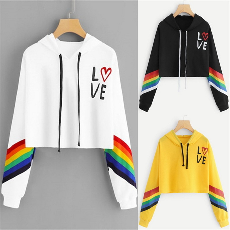 QRWR Autumn Sweatshirt Women Fashion Rainbow Love printing Casual Long Sleeve Hoodies Loose Short Hooded Women Swatshirt 201202