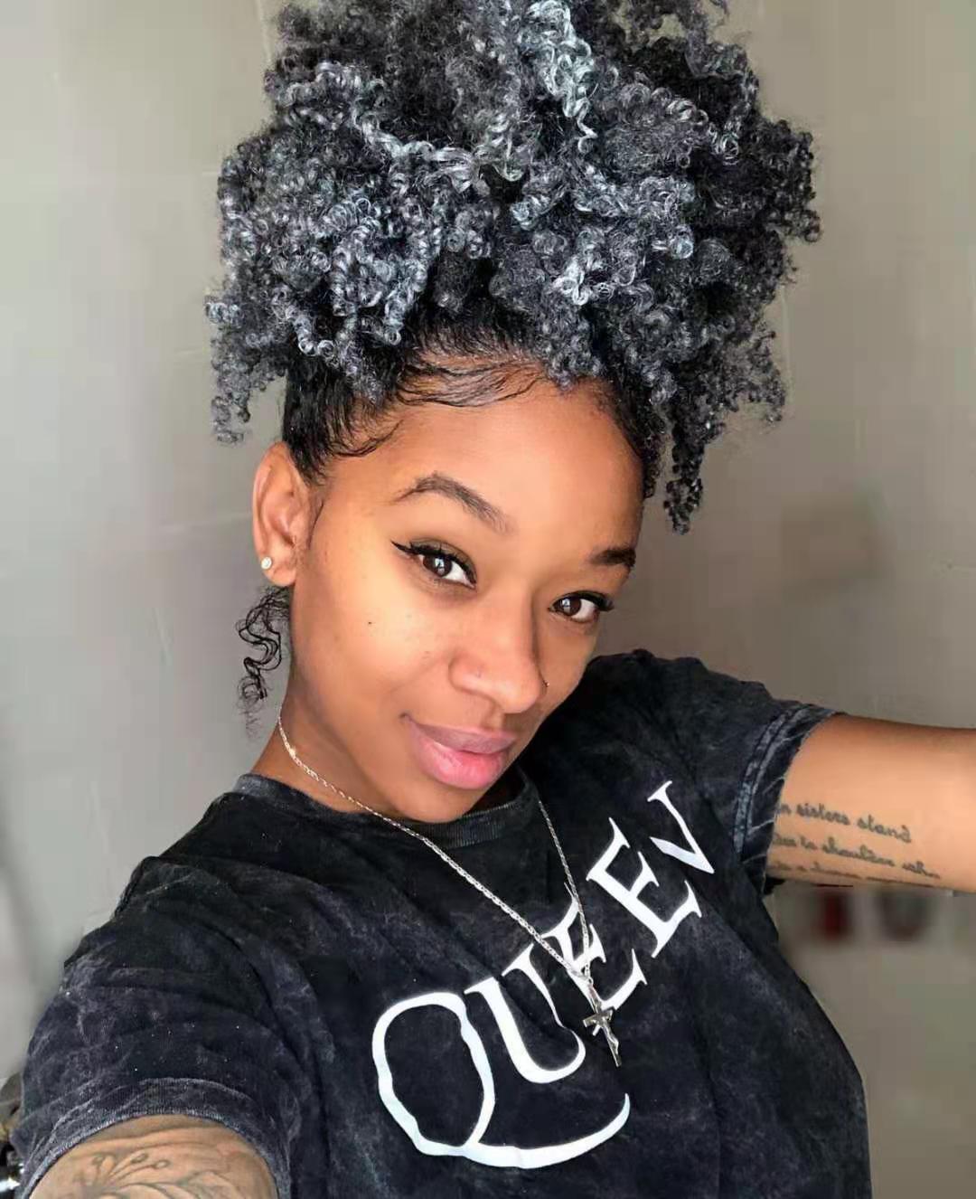 100% real hair grey puff afro ponytail hair extension Natural ombre afro kinky curly drawstring ponytails black silver gray hair piece 120g