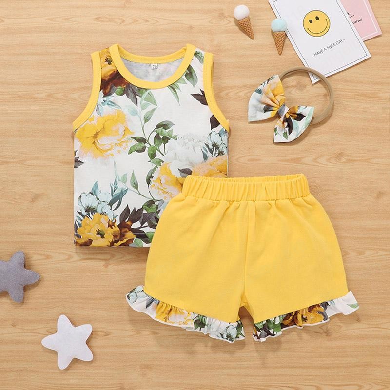 Baby Girls Shorts Suits Infant Floral Vest Toddler Flower Printed Tops Elastic Splice Lace Shorts Kids Casual Outfits With Headband