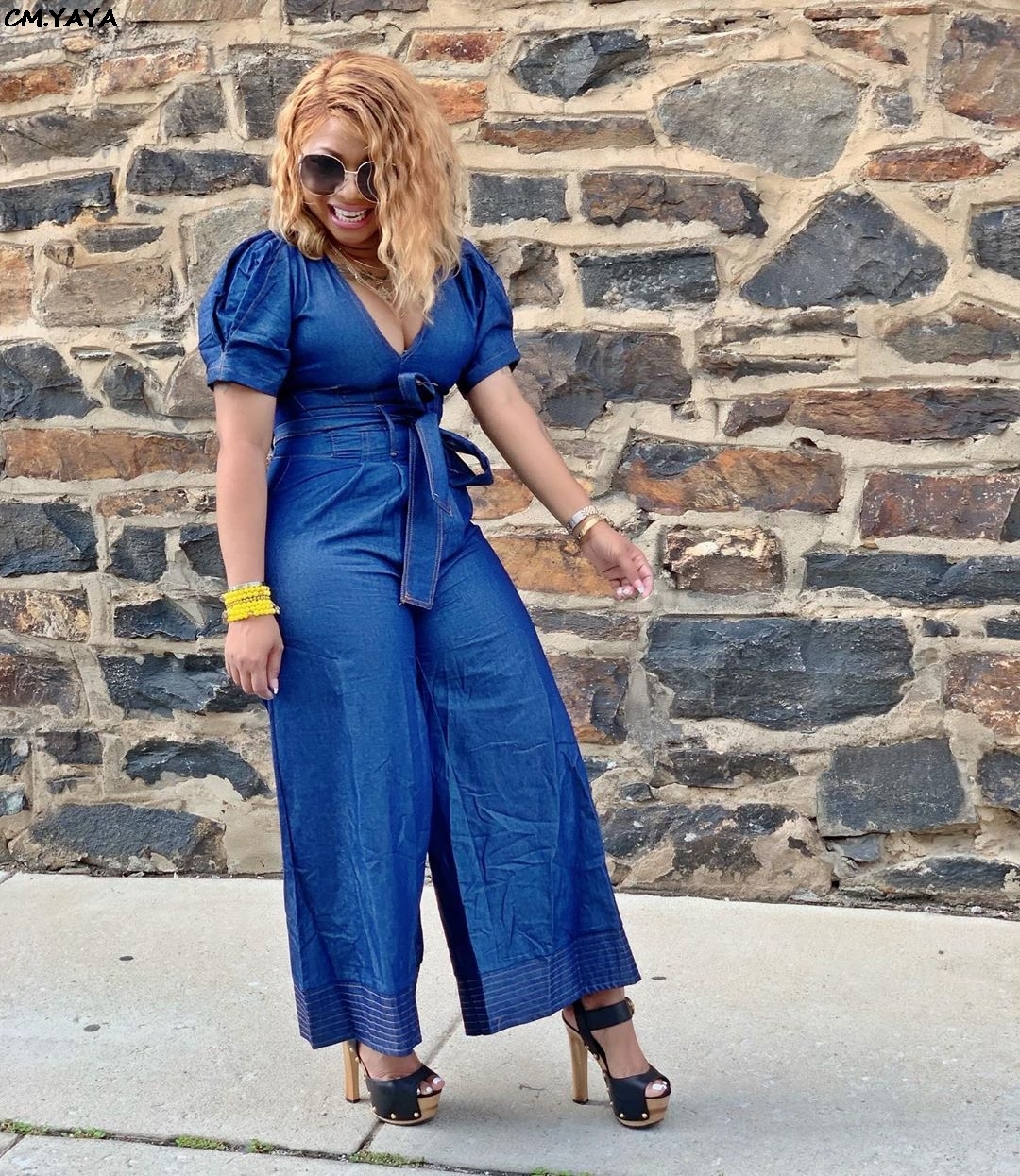women summer short sleeve v-neck high waist sashes loose denim jumpsuit vintage casual jeans playsuit romper GLM5096 210302